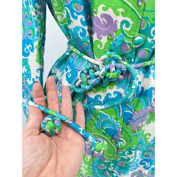 Vintage Hand Woven 100% Thai Silk Kaftan Dress S/M Mandarin Collar Psychedelic - Picture 8 of 14